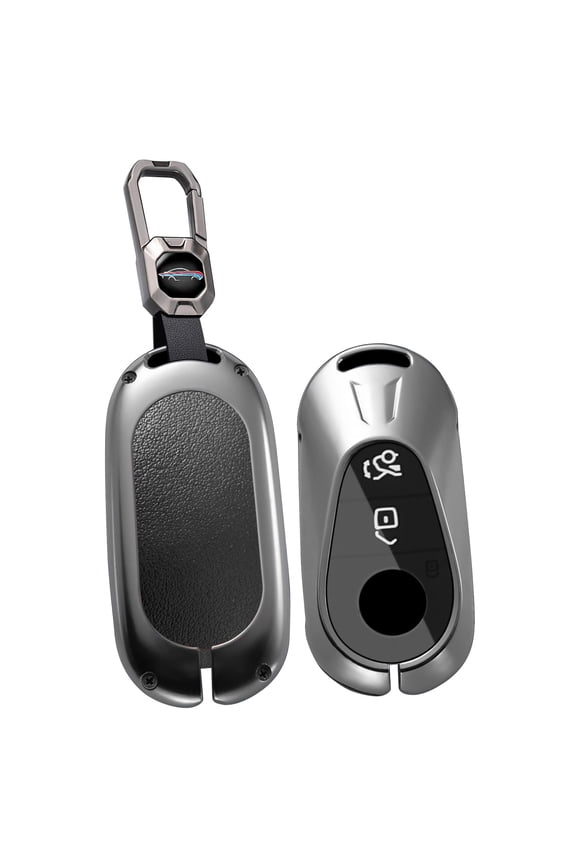 Key Fob Housing with Keychain Full Protection Solid Metal Frame Key Shell Leather Key Case Compatible with Mercedes-Benz C-Class S-Class E-CLAS CLE GLC EQS EQE SL 2021-up