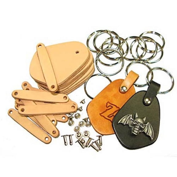Key Fob Kit 10 Pack - Vegetable Tanned Tooling Leather with Key Ring and Rivet