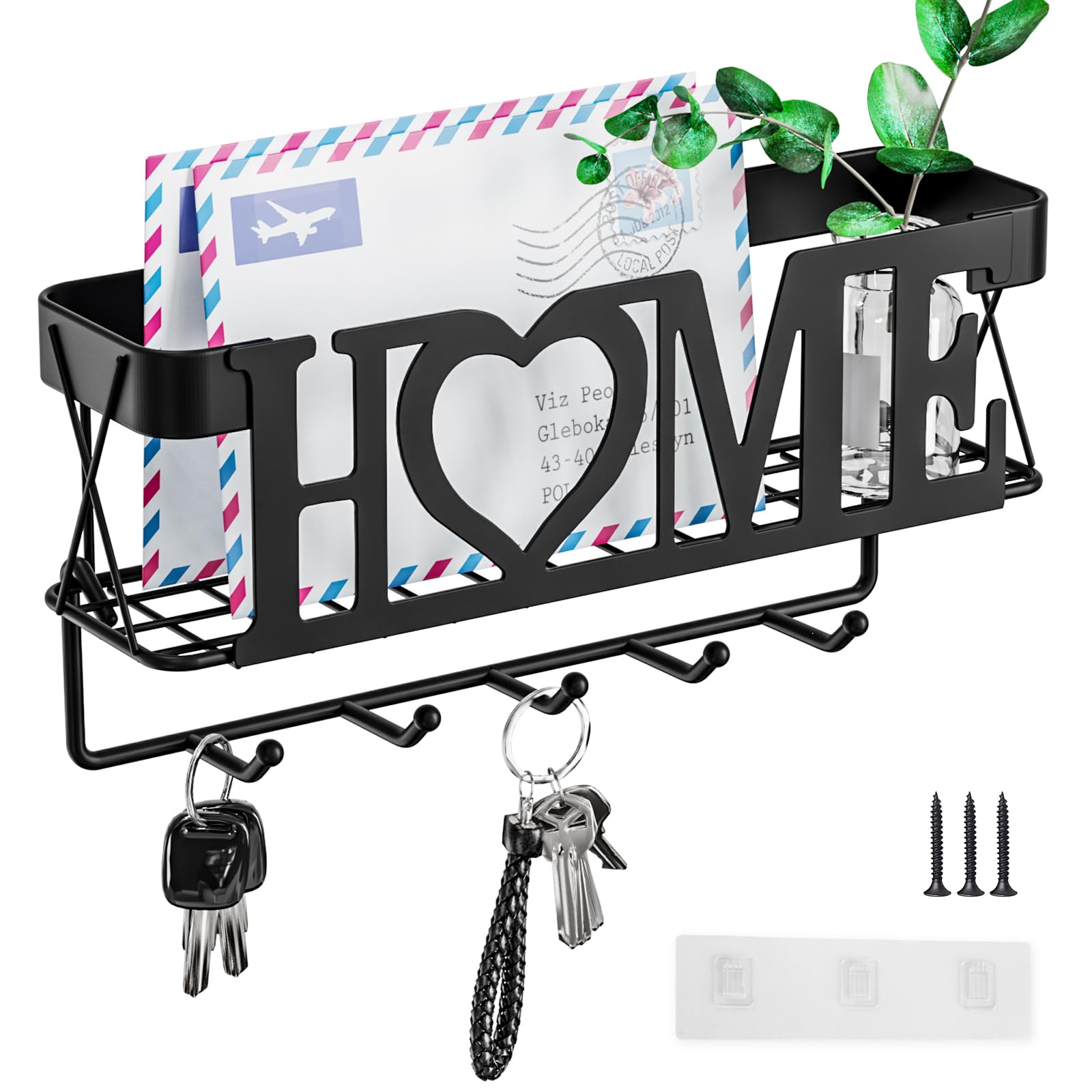 Key Hanger Wall Mount with 5 Hooks and Mesh Basket, Space Saving Key ...