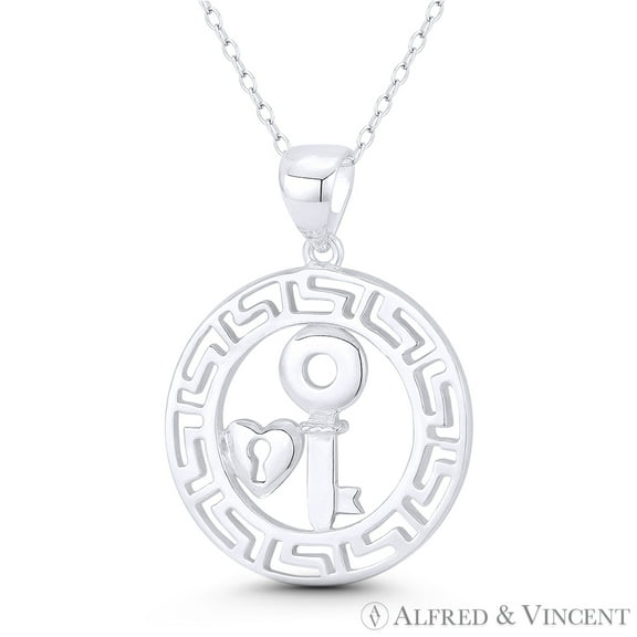 Key, Heart-Lock, & Greek Key Charm 32x24mm (1.3x0.9in) Pendant & Chain Necklace in .925 Sterling Silver