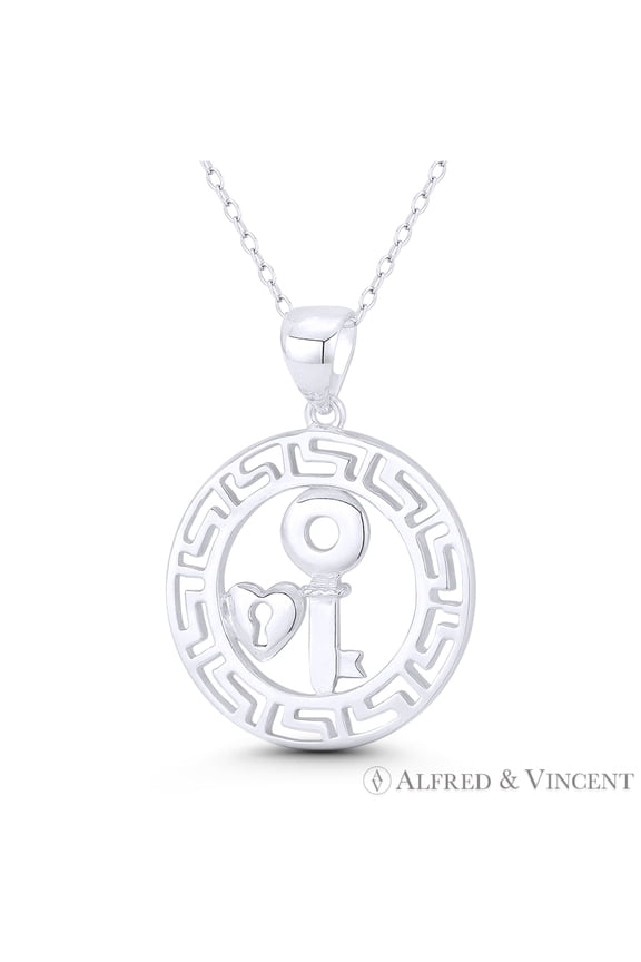 Key, Heart-Lock, & Greek Key Charm 32x24mm (1.3x0.9in) Pendant in .925 Sterling Silver