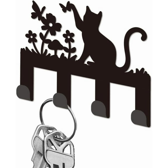 Key Holder Black Iron Key Hooks Wall Mounted Cat Flowers Rack with 4 Hooks Small Key Hangers House Key Holder