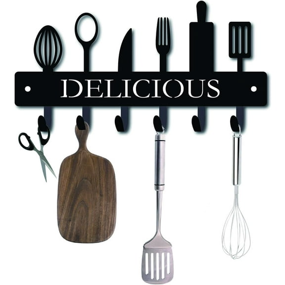 Key Holder Decorative Black Key Hooks Wall Art Mounted Metal Towel Racks with 6 Hooks Tableware Shape Delicious Word Design Iron Key Hanger for Wall Bathroom Kitchen Entryway Decoration colorful