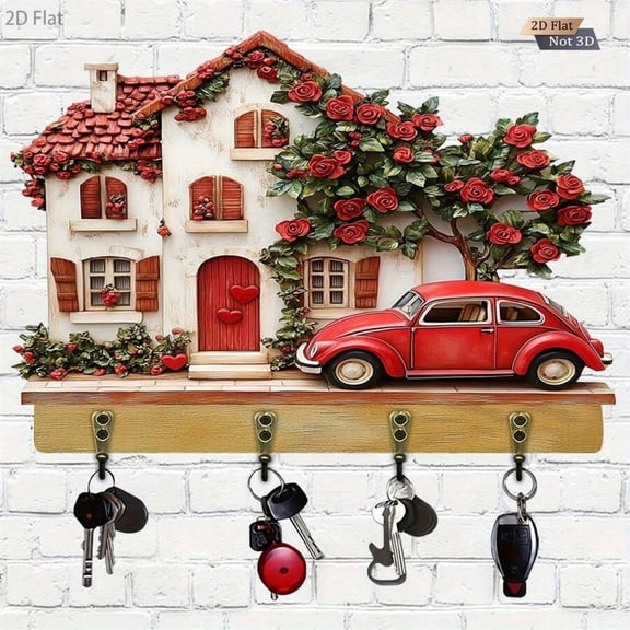 Key Holder For Wall Wooden 2D Flat Village House Shape Key Hooks Hanging Wall Decor For Entryway Living Room Home