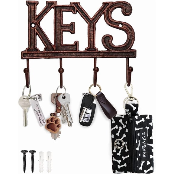 Comfify Copper-Black Cast Iron Key Holder for Wall, Decorative KEYS Rack with 4 Hooks, Rustic Farmhouse Wall Mounted Organizer