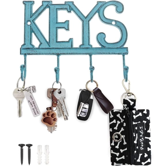 Comfify Rustic Blue Cast Iron Key Holder for Wall – KEYS Sign with 4 Hooks