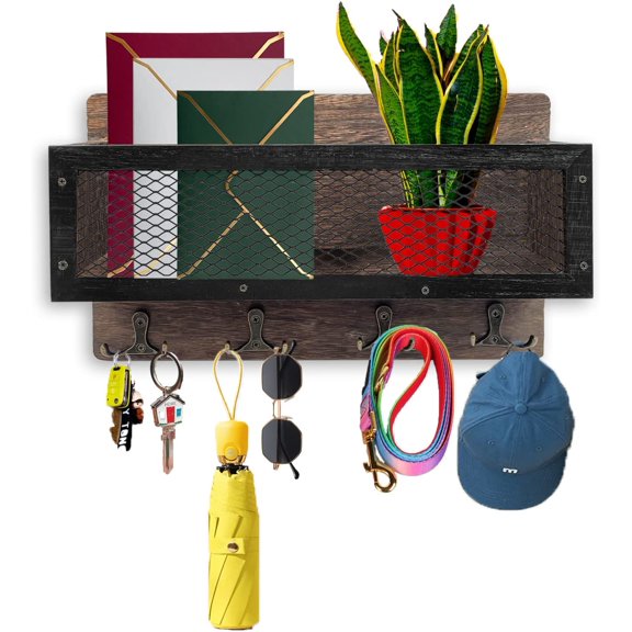 Key Holder Mail Organizer Wall Mount Key and Mail Holder Key Rack with 4 Double Key Hooks Rustic Wall Decor for Entryway, Hallway, Kitchen, Living Room, Mudroom, Office (Brown)