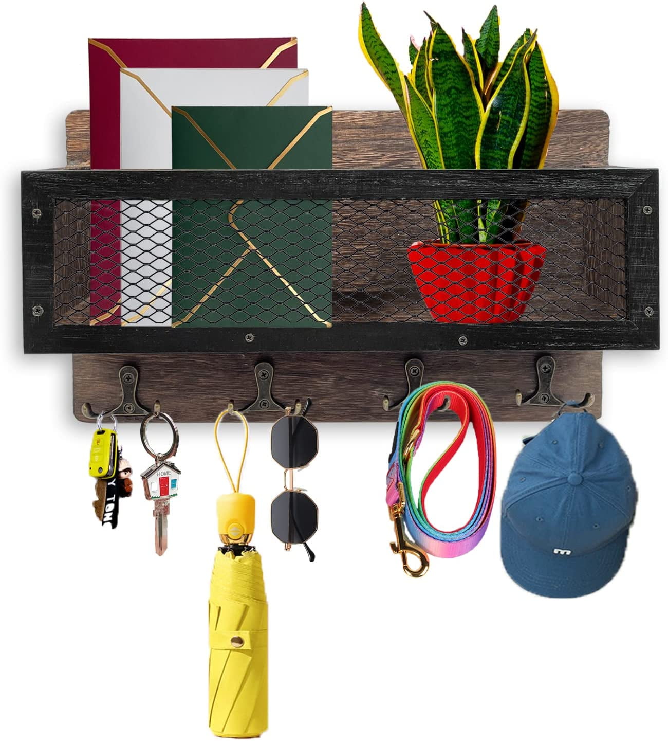 Key Holder Mail Organizer Wall Mount Key and Mail Holder Key Rack with 4 Double Key Hooks Rustic