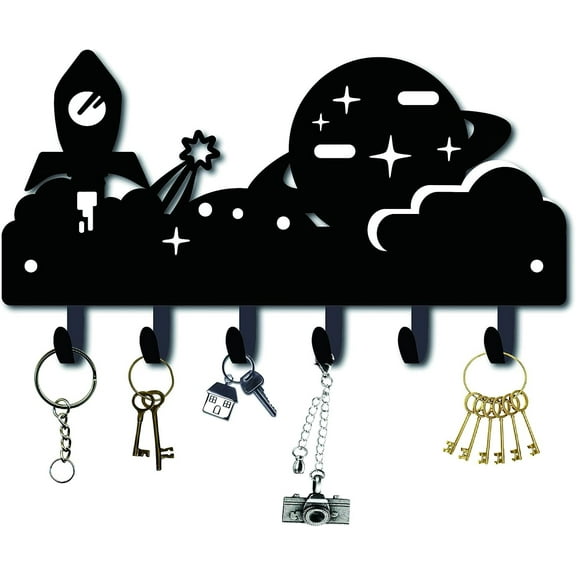 Key Holder Metal Space Theme Universe Space Hook Hanger Wall Decorative Mounted Coat Hanger Design Organizer Rack with 6 Hooks for Wall Bathroom Kitchen Entryway Gunmetal