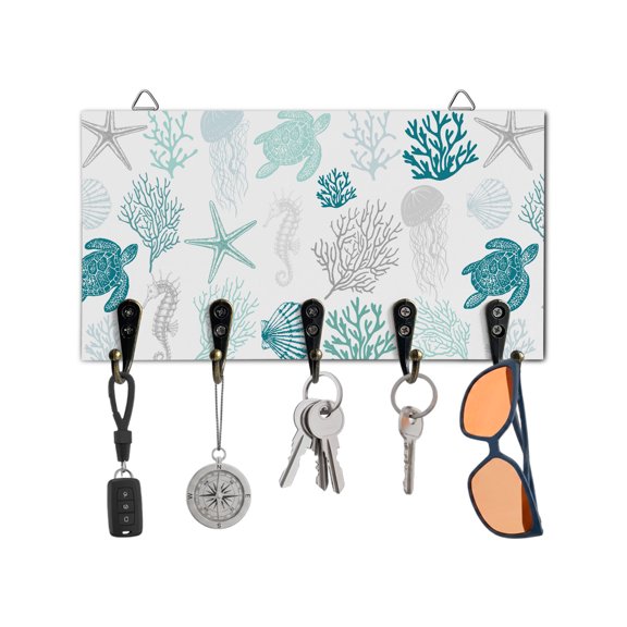 Key Holder for Wall Abstract Coral Turtles Starfish Shells Key Hooks Wood Wall Mounted Key Holder Sea Creature Key Rack Organizer with 5 Hooks for Entryway, Hallway Office Bathroom Kitchen Decor