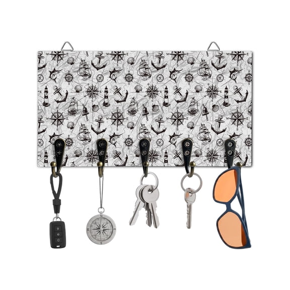 Key Holder for Wall Anchor Sailboat Key Hooks Wood Wall Mounted Key Holder Nautical Ocean Compass Map Key Rack Organizer with 5 Hooks for Entryway, Hallway Office Bathroom Kitchen Home Decor