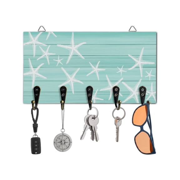 Key Holder for Wall Aqua Coastal Starfish Key Hooks Wood Wall Mounted Key Holder Ocean Beach Marine Life Key Rack Organizer with 5 Hooks for Entryway, Hallway Office Bathroom Kitchen Home Decor