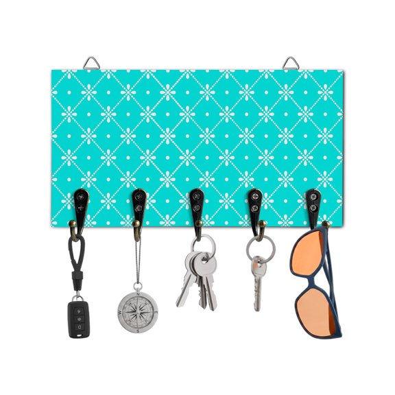 Key Holder for Wall Aqua Lattice Floral Key Hooks Wood Wall Mounted Key Holder Flower Checked Plaid Key Rack Organizer with 5 Hooks for Entryway, Hallway Office Bathroom Kitchen Home Decor