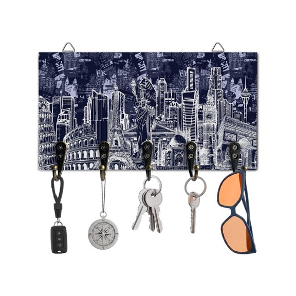 Key Holder for Wall Architecture Landscape Key Hooks Wood Wall Mounted Key Holder Indigo Historic Landmarks Key Rack Organizer with 5 Hooks for Entryway, Hallway Office Bathroom Kitchen Home Decor