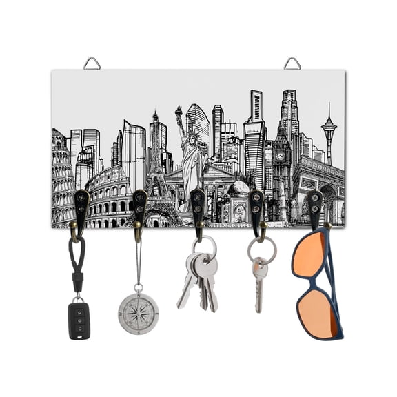 Key Holder for Wall Architecture Landscape Key Hooks Wood Wall Mounted Key Holder Modern City Landmarks Key Rack Organizer with 5 Hooks for Entryway, Hallway Office Bathroom Kitchen Home Decor