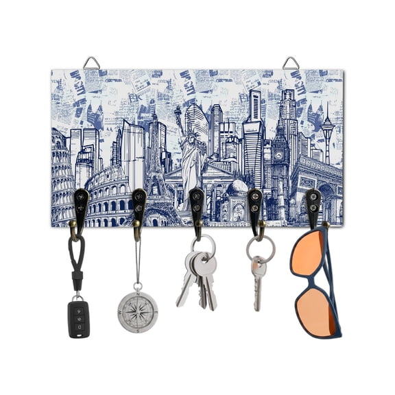 Key Holder for Wall Architecture Landscape Key Hooks Wood Wall Mounted Key Holder Navy Blue Historic Landmarks Key Rack Organizer with 5 Hooks for Entryway, Hallway Office Bathroom Kitchen Decor