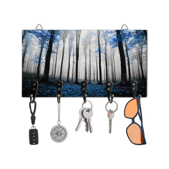Key Holder for Wall Autumn Maple Forest Key Hooks Wood Wall Mounted Key Holder Blue Misty Forest Trees Key Rack Organizer with 5 Hooks for Entryway, Hallway Office Bathroom Kitchen Home Decor