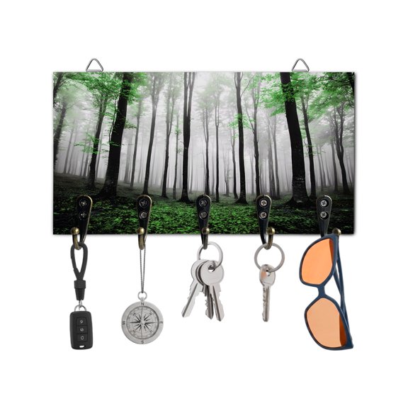 Key Holder for Wall Autumn Maple Forest Key Hooks Wood Wall Mounted Key Holder Green Misty Forest Trees Key Rack Organizer with 5 Hooks for Entryway, Hallway Office Bathroom Kitchen Home Decor