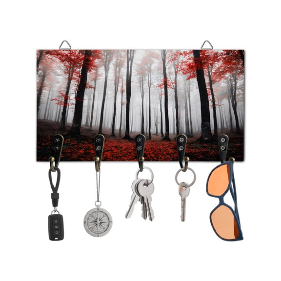 Key Holder for Wall Autumn Maple Forest Key Hooks Wood Wall Mounted Key Holder Red Misty Forest Trees Key Rack Organizer with 5 Hooks for Entryway, Hallway Office Bathroom Kitchen Home Decor