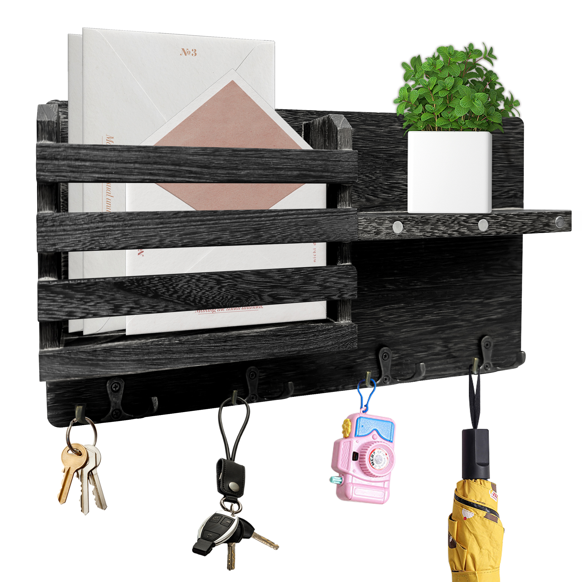 NAUMOO Wooden Key Holder for Wall, 4 Double Key Hooks & Shelf, Pine