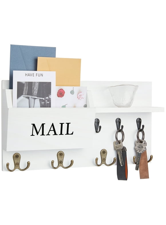 Key Holder for Wall, BUSATIA Mail Organizer Wall Mount with Double Key Hook and Mail Holder, Designer Key Rack Suitable for Entryway, Hallway, Bedroom, Living Room and Office, White
