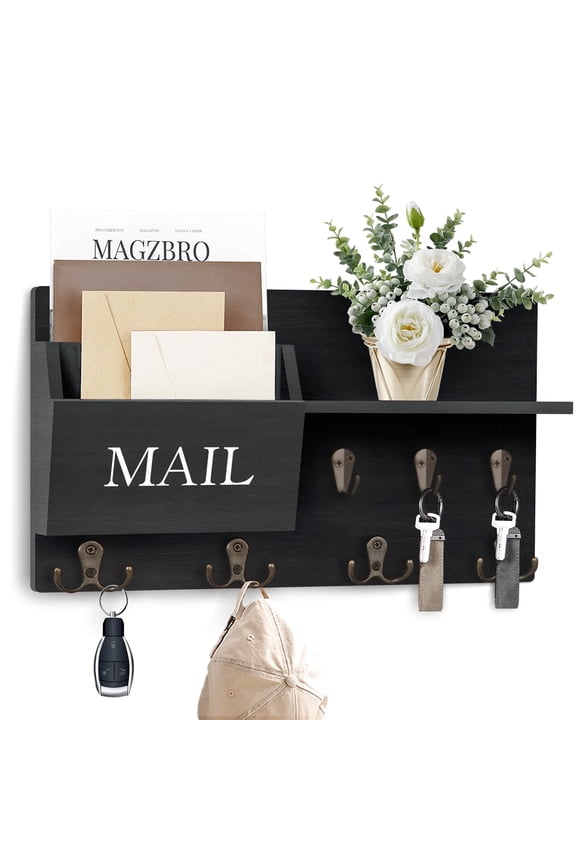 Key Holder for Wall, BUSATIA Mail Organizer Wall Mount with Double Key Hook and Mail Holder, Designer Key Rack Suitable for Entryway, Hallway, Bedroom, Living Room and Office, Black
