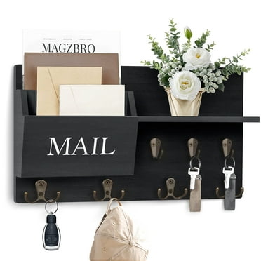 Key Holder for Wall, BUSATIA Mail Organizer Wall Mount with Double Key Hook and Mail Holder, Designer Key Rack Suitable for Entryway, Hallway, Bedroom, Living Room and Office, Black