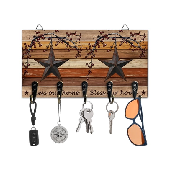 Key Holder for Wall Barn Star Berry Key Hooks Wood Wall Mounted Key Holder Retro Burnt Orange Wood Grain Key Rack Organizer with 5 Hooks for Entryway, Hallway Office Bathroom Kitchen Home Decor