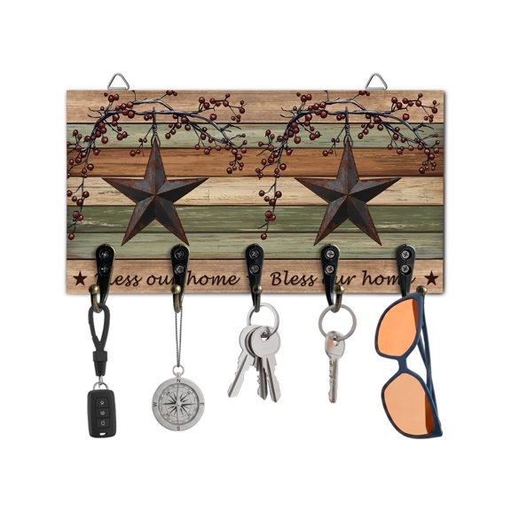 Key Holder for Wall Barn Star Berry Key Hooks Wood Wall Mounted Key Holder Retro Sage Green Brown Wood Grain Key Rack Organizer with 5 Hooks for Entryway, Hallway Office Bathroom Kitchen Home Decor