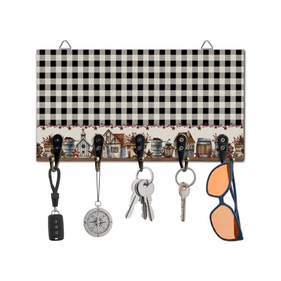 Key Holder for Wall Barn Star Farmhouse Key Hooks Wood Wall Mounted Key Holder Black Buffalo Plaid Key Rack Organizer with 5 Hooks for Entryway, Hallway Office Bathroom Kitchen Home Decor
