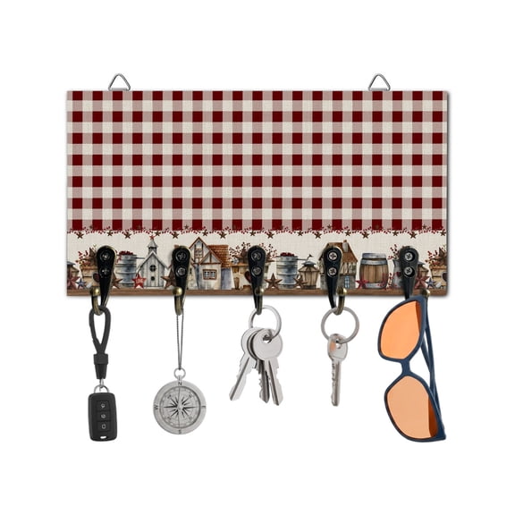Key Holder for Wall Barn Star Farmhouse Key Hooks Wood Wall Mounted Key Holder Red Buffalo Plaid Key Rack Organizer with 5 Hooks for Entryway, Hallway Office Bathroom Kitchen Home Decor