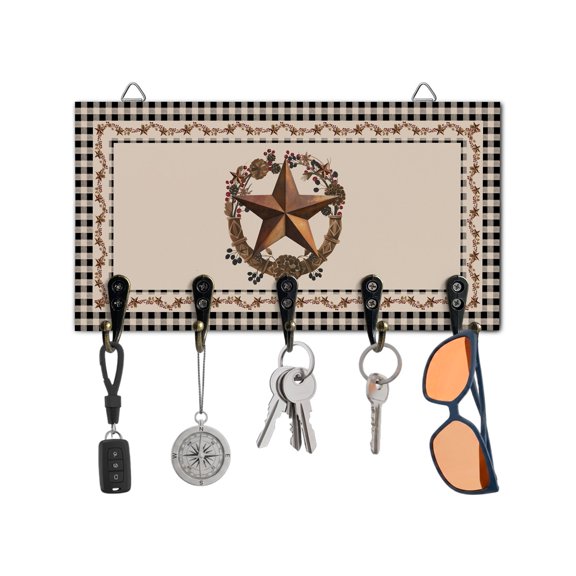 Key Holder for Wall Barn Star Texas Key Hooks Wood Wall Mounted Key Holder Berry Wreath Country Black Plaid Key Rack Organizer with 5 Hooks for Entryway, Hallway Office Bathroom Kitchen Home Decor