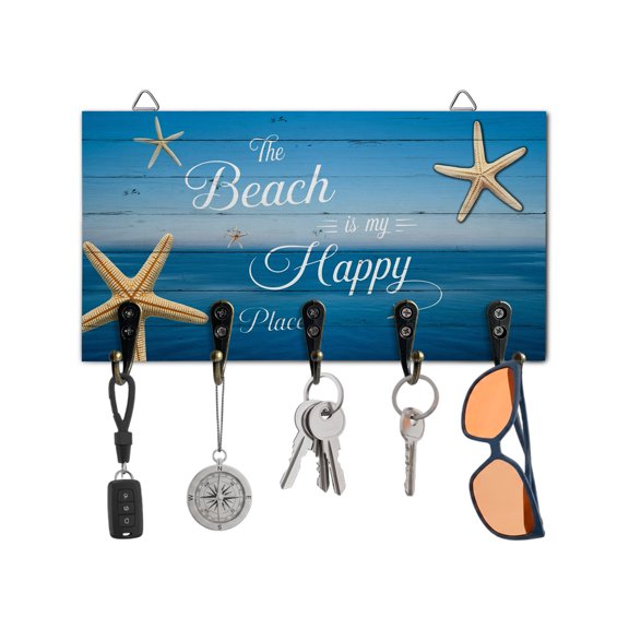 Key Holder for Wall The Beach Is My Happy Place Key Hooks Wood Wall Mounted Key Holder Ocean Starfish Blue Wood Key Rack Organizer with 5 Hooks for Entryway, Hallway Office Bathroom Kitchen Decor