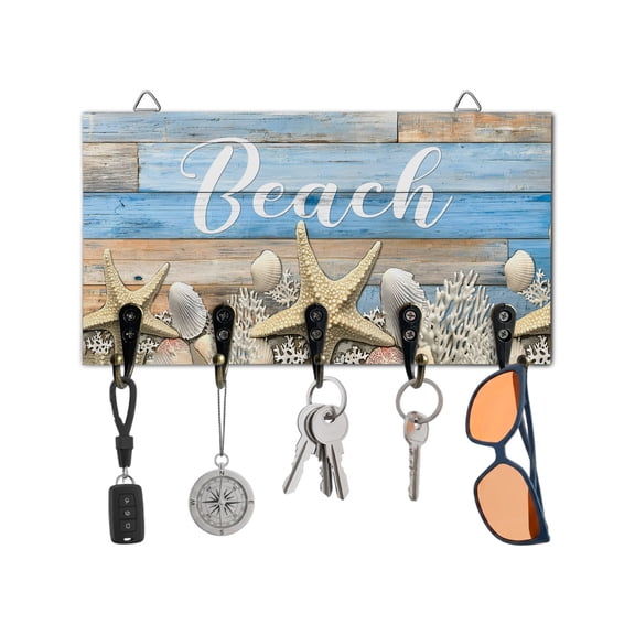 Key Holder for Wall Beach Starfish Key Hooks Wood Wall Mounted Key Holder Shell Coral Blue Wood Grain Key Rack Organizer with 5 Hooks for Entryway, Hallway Office Bathroom Kitchen Home Decor