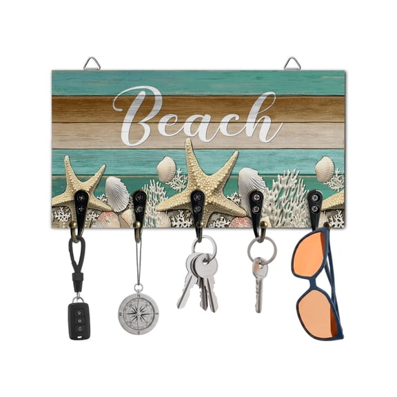 Key Holder for Wall Beach Starfish Key Hooks Wood Wall Mounted Key Holder Shell Coral Teal Wood Grain Key Rack Organizer with 5 Hooks for Entryway, Hallway Office Bathroom Kitchen Home Decor