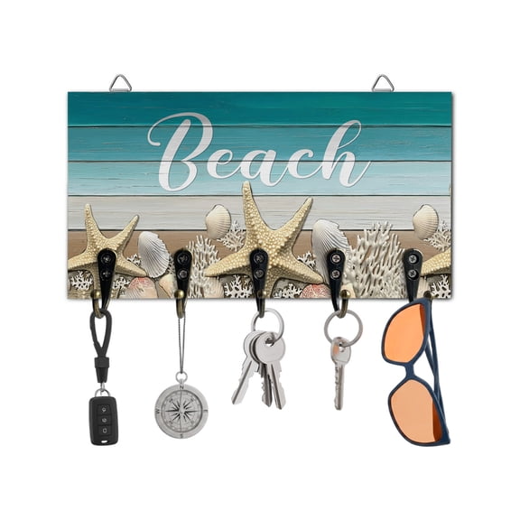Key Holder for Wall Beach Starfish Key Hooks Wood Wall Mounted Key Holder Shell Coral Turquoise Wood Grain Key Rack Organizer with 5 Hooks for Entryway, Hallway Office Bathroom Kitchen Home Decor