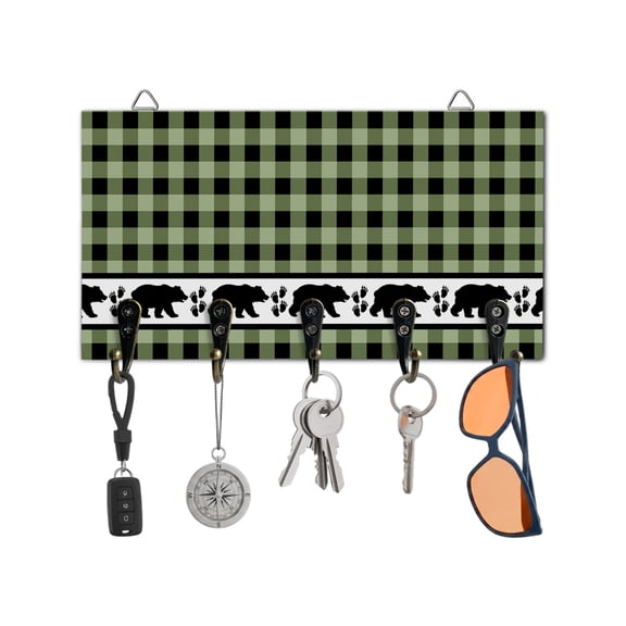 Key Holder for Wall Bear Footprints Green Buffalo Plaid Key Hooks Wood Wall Mounted Key Holder Forest Animals Key Rack Organizer with 5 Hooks for Entryway, Hallway Office Bathroom Kitchen Home Decor