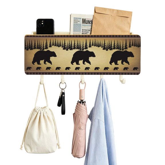 Key Holder for Wall Bear Pine Tree Key and Mail Holder with Shelf 5 Hooks Storage Key Organizer Rack Vintage Farmhouse Animal Wood Wall Key Hanger for Entryway Hallway Kitchen Office Home Decor