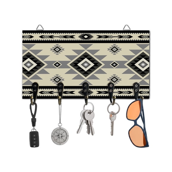 Key Holder for Wall Beige Boho Key Hooks Wood Wall Mounted Key Holder Bohemian Native Southwest Ethnic Key Rack Organizer with 5 Hooks for Entryway, Hallway Office Bathroom Kitchen Home Decor