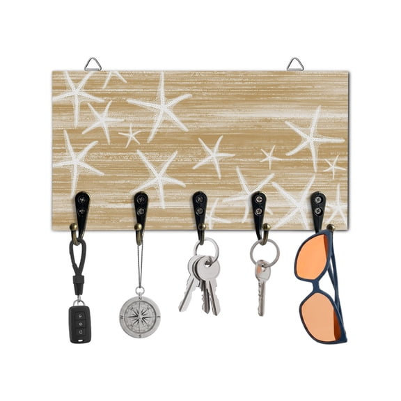 Key Holder for Wall Beige Coastal Starfish Key Hooks Wood Wall Mounted Key Holder Ocean Beach Marine Life Key Rack Organizer with 5 Hooks for Entryway, Hallway Office Bathroom Kitchen Home Decor