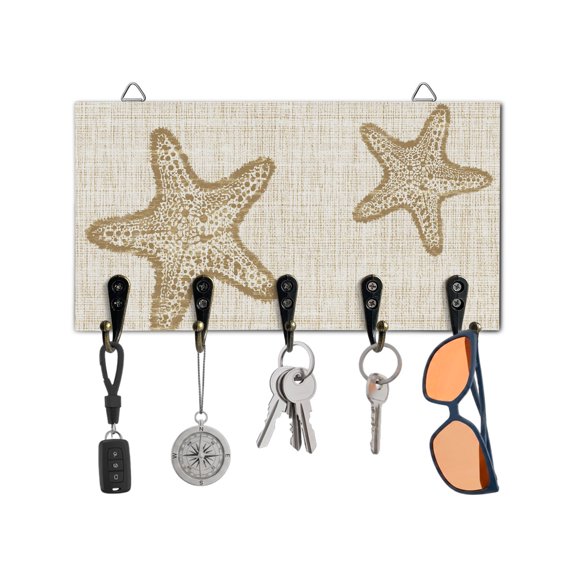 Key Holder for Wall Beige Ocean Starfish Key Hooks Wood Wall Mounted Key Holder Coastal Solid Color Linen Key Rack Organizer with 5 Hooks for Entryway, Hallway Office Bathroom Kitchen Home Decor