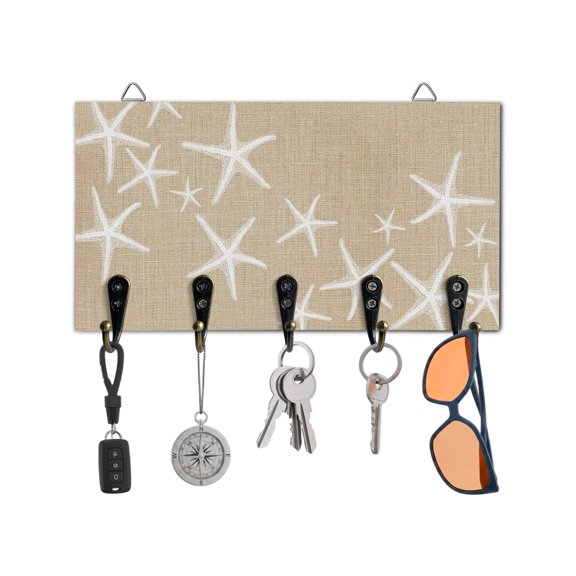 Key Holder for Wall Beige Starfish Key Hooks Wood Wall Mounted Key Holder Summer Ocean Beach Key Rack Organizer with 5 Hooks for Entryway, Hallway Office Bathroom Kitchen Home Decor