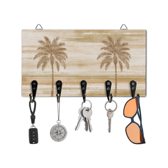 Key Holder for Wall Beige Summer Palm Tree Key Hooks Wood Wall Mounted Key Holder Tropical Leaves Plant Key Rack Organizer with 5 Hooks for Entryway, Hallway Office Bathroom Kitchen Home Decor