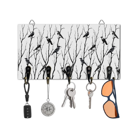 Key Holder for Wall Bird Branches Key Hooks Wood Wall Mounted Key Holder Black Leaves Tree Key Rack Organizer with 5 Hooks for Entryway, Hallway Office Bathroom Kitchen Home Decor