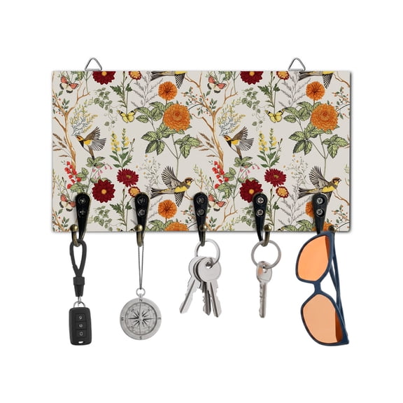 Key Holder for Wall Bird Floral Key Hooks Wood Wall Mounted Key Holder Butterfly Flower Tree Branches Key Rack Organizer with 5 Hooks for Entryway, Hallway Office Bathroom Kitchen Home Decor