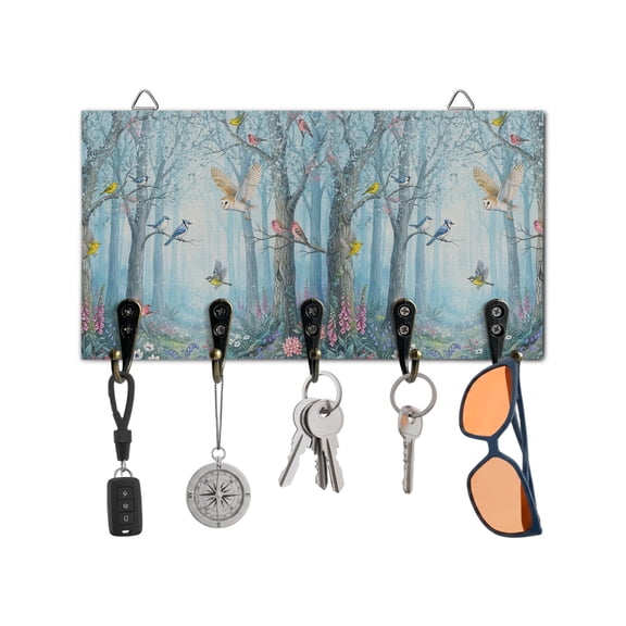 Key Holder for Wall Bird Forest Key Hooks Wood Wall Mounted Key Holder Blue Flower Tree Branches Key Rack Organizer with 5 Hooks for Entryway, Hallway Office Bathroom Kitchen Home Decor