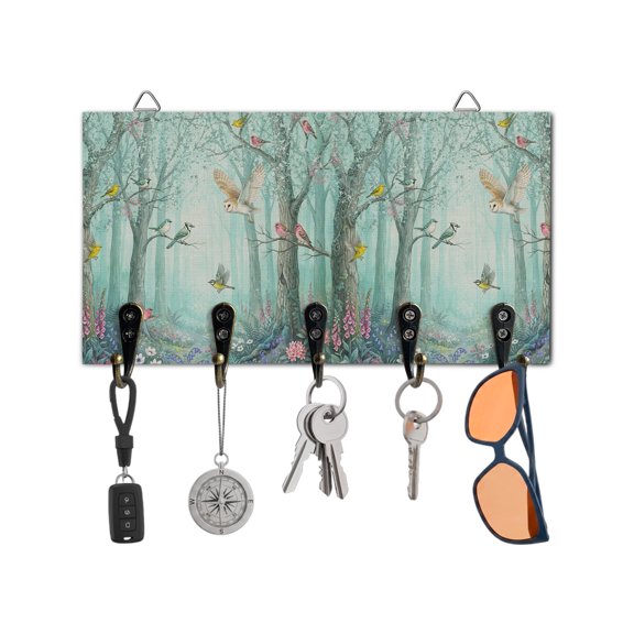 Key Holder for Wall Bird Forest Key Hooks Wood Wall Mounted Key Holder Green Flower Tree Branches Key Rack Organizer with 5 Hooks for Entryway, Hallway Office Bathroom Kitchen Home Decor
