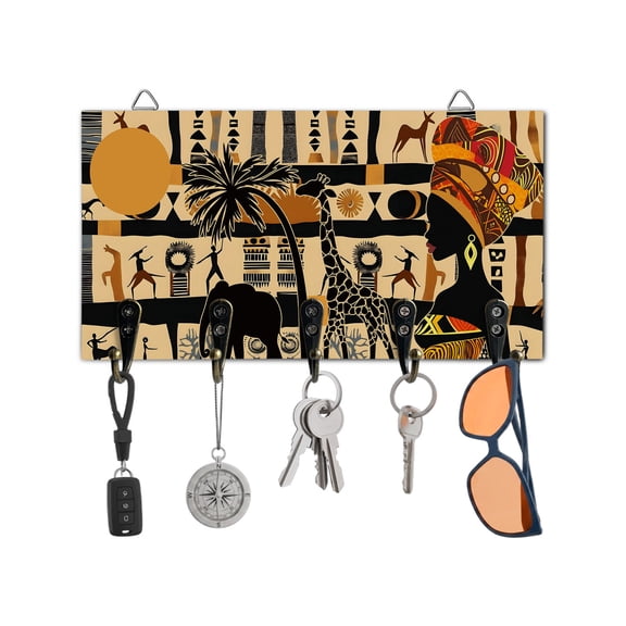 Key Holder for Wall Black African Women Key Hooks Wood Wall Mounted Key Holder Ethic Animal Giraffe Elephant Key Rack Organizer with 5 Hooks for Entryway, Hallway Office Bathroom Kitchen Home Decor