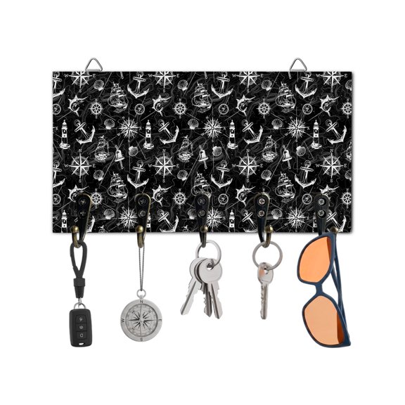 Key Holder for Wall Black Anchor Sailboat Key Hooks Wood Wall Mounted Key Holder Nautical Ocean Compass Map Key Rack Organizer with 5 Hooks for Entryway, Hallway Office Bathroom Kitchen Home Decor