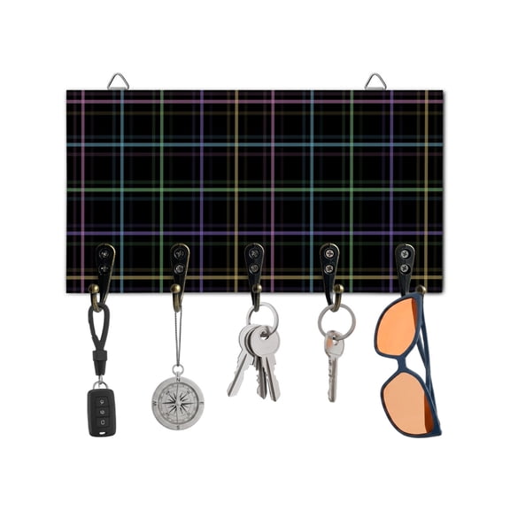 Key Holder for Wall Black Buffalo Plaid Key Hooks Wood Wall Mounted Key Holder Colorful Check Key Rack Organizer with 5 Hooks for Entryway, Hallway Office Bathroom Kitchen Home Decor